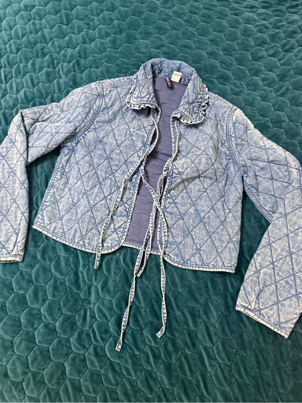 Divided Light Blue Quilted Denim Jacket with Tie Front RUNS BIG Check Pics